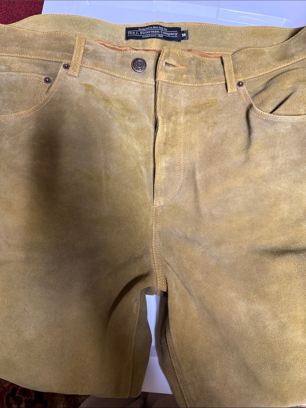 J. Peterman Men’s Suede Leather Chinos in Mustard Tan